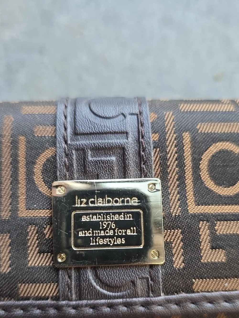 Liz Claiborne Brown Monogram Crossbody with Gold Plaque